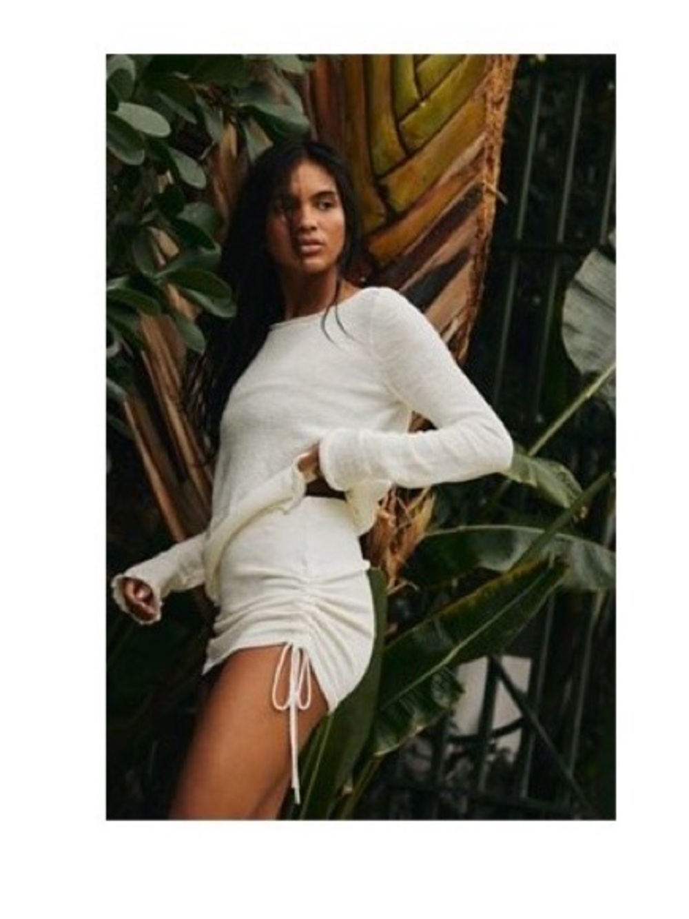 Free People Ivory Long-Sleeve Drawstring Ruched Mini Dress